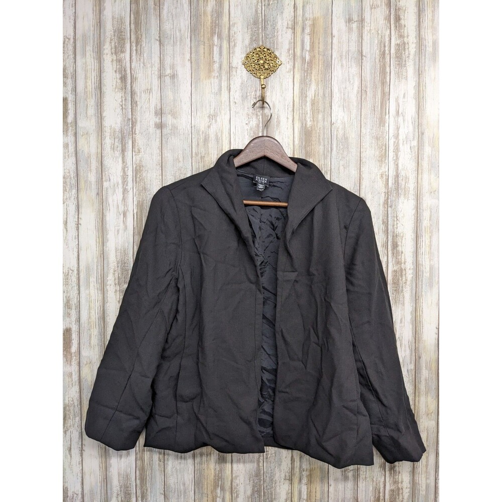 Eileen Fisher Open Front Blazer Jacket Coat Black 100% Wool Womens Petite Medium